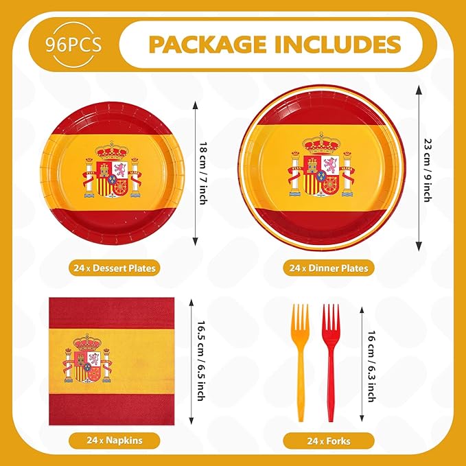 96 Pcs Spain Flag Party Decorations Disposable Spanish Flag Paper Plates and Napkins Spanish National Day Tableware Set for Country Decoration Patriotic Festival Party Supplies, Serves 24