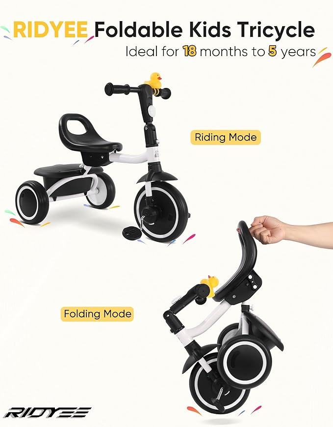 Toddler Tricycle for 18 Months to 5 Years, Foldable Tricycles for 1.5-5 Year Olds, Kids Tricycle with Adjustable Carry-Friendly Ergonomic Seat and Covered Large Basket, White