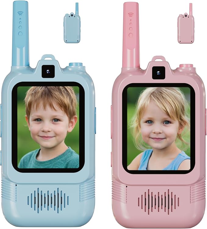 Video Walkie Talkies for Kids 2 Pack with Dual Camera, 2.0” Screen, Voice Chat & Photo Capture – 150–500m Range, Fun Voice Effects, Auto Pairing, 650mAh Rechargeable Battery