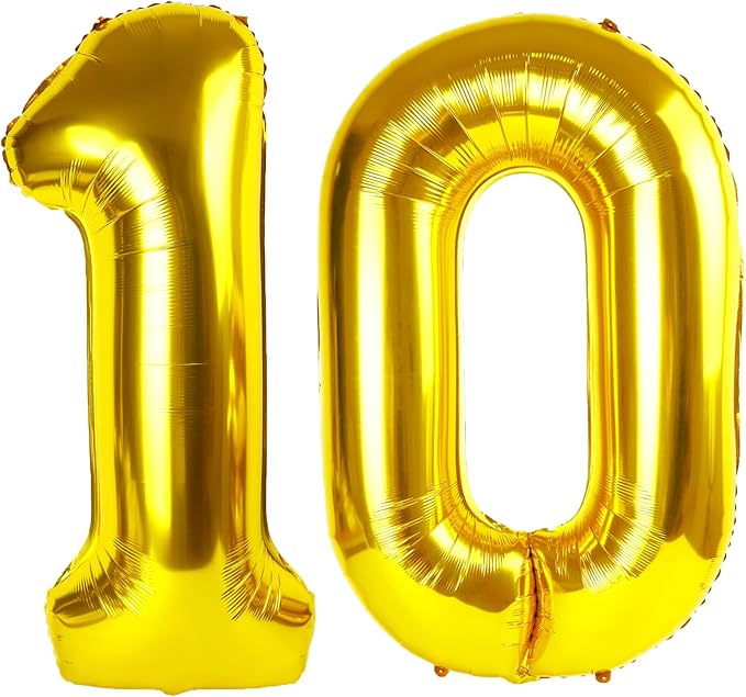 40 Inch Gold Balloon Number 10 Balloon,Jumbo Mylar Foil Helium Balloon for 10 Birthday Digital Balloons for Birthday Party,Wedding Anniversary Party Decorations