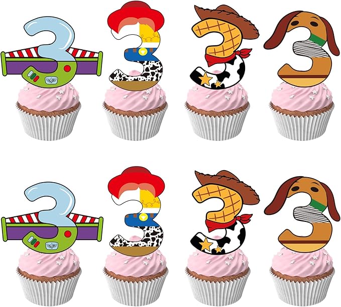 40pcs Cartoon Story Cupcake Toppers 3rd Birthday Decorations for Boys Girls 3rd Birthday Party Supplies