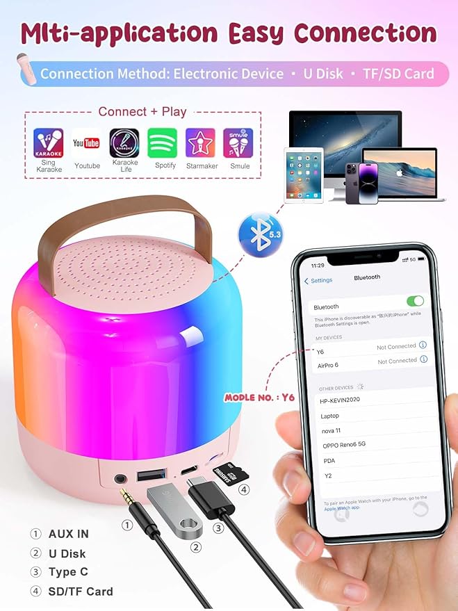 Mini Karaoke Machine for Kids Portable Bluetooth 5.3 Speaker with 2 Wireless Kareokee Microphones, 360° Colorful LED Light Karaoke Toy Gifts for Girls Boys Ages 4-12 Birthday(Peach Pink-2 Mic)