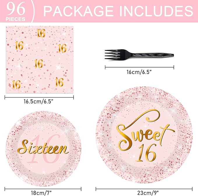 96 Pcs Rose Gold Sweet 16 Birthday Party Plates and Napkins Party Supplies Sixteen Birthday Party Tableware Set 16th Party Decorations Favors for Girls Birthday Serves 24