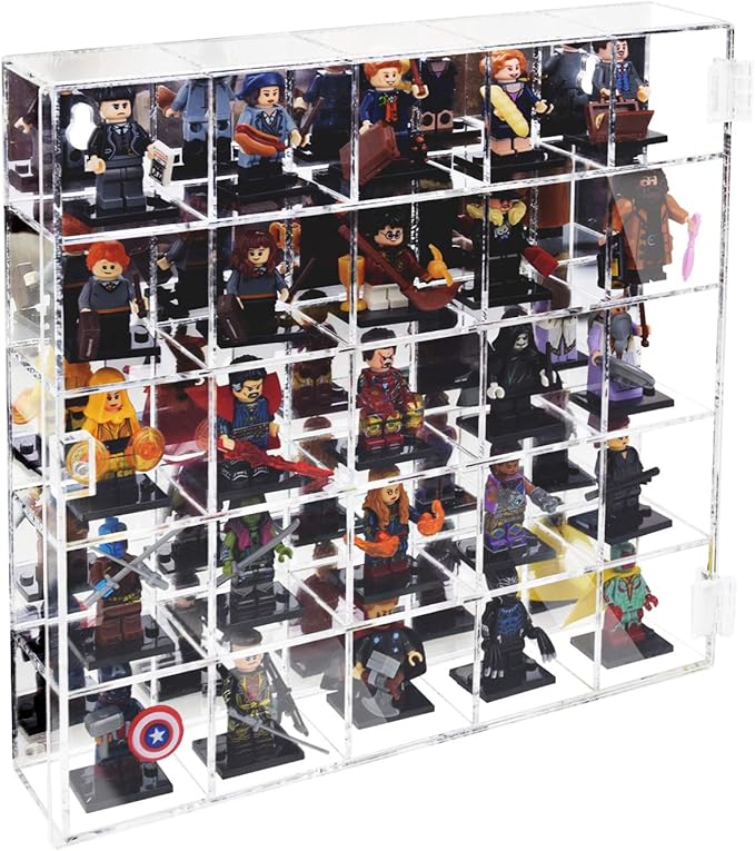 Ikee Design Mountable 25 Compartments Premium Acrylic Display Case Cabinet Stand with Mirrored Back, Clear Rock Display Shelves for Collectibles, Stones and Figures, 10.7 W x 2 D x 10.5 H in