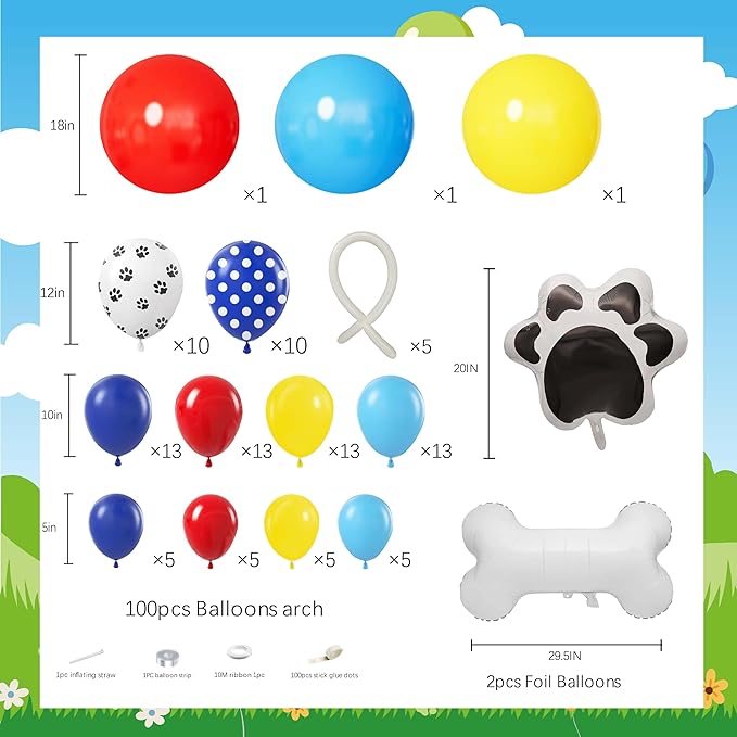 106Pcs Puppy Theme Birthday Decorations for Boys, Red Blue Yellow Balloon Garland Arch Kit with Dog Bone and Paw Print Foil Balloons for Kids Rescue Pet Animal Themed Baby Shower Party Supplies
