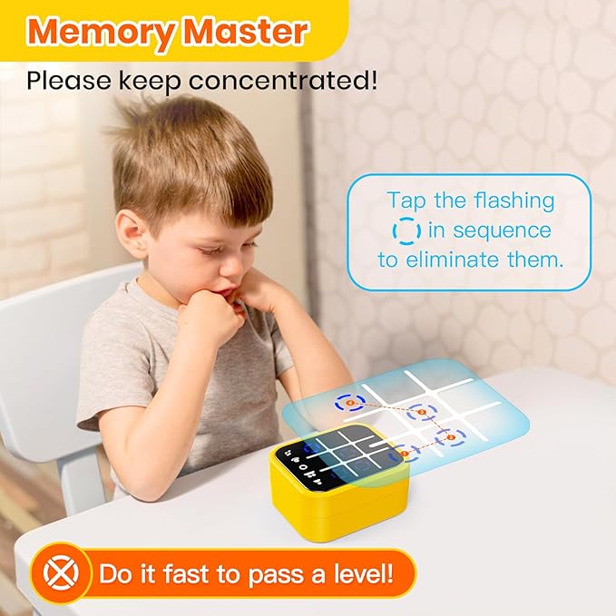Rechargeable Tic Tac Toe Game Box, Upgraded 5 Fun Brain and Memory Games, Compact Handheld Game Console, Portable Puzzle Travel Game Ideal Gifts for All Ages 3+ (Yellow)