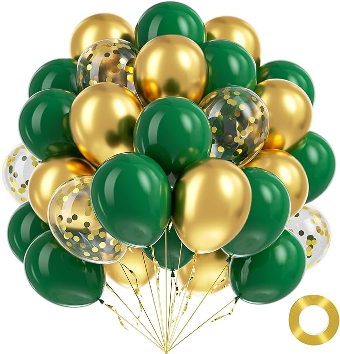 Green and Gold Balloons, 60pcs 12 Inch Metallic Chrome Gold Dark Green Balloon Latex Balloons for Wedding Graduation Jungle Birthday Party Decorations
