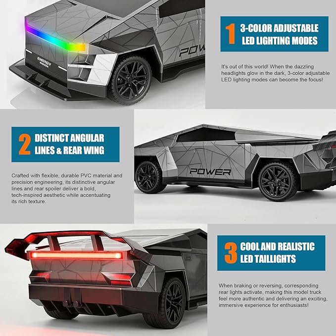 Remote Control Car/RC Truck – 2.4 GHz All-Terrain Cyber Vehicles with One-Touch Demo and Three Adjustable LED Light Effects, Off-Road Pick-Up Hobby Monster Truck Toys Gifts for Boys/Girls Aged 3+