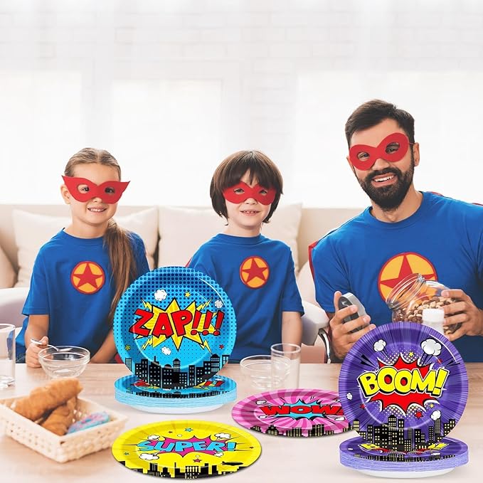 CHUNNIN 60 Pcs Super Theme Hero Party Plates for Birthday Party Decorations 9in Super Theme Hero Paper Plates Disposable Colorful Paper Plate for Kids Home Birthday Event Supplies