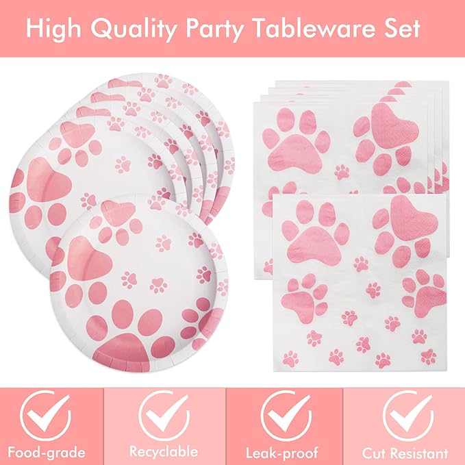 Dog Birthday Party Supplies,Paw Print Party Supplies,Paper Plates Napkins,Puppy Birthday Decorations for Kid