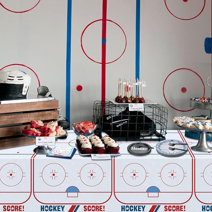 Hockey Birthday Decorations - 81Pcs Ice Hockey Tableware, Disposable Hockey Theme Plates, Napkins, Tablecloth for Kids Fans Sports Hockey Birthday Party Supplies, Serve 20