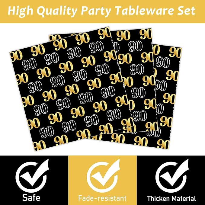 96PCS 90th Theme Birthday Party Tableware Vintage 1936 Party Supplies 90 Year Old Birthday Decorations Plates Napkins Forks Black and Gold Dinnerware Favors for Men or Women