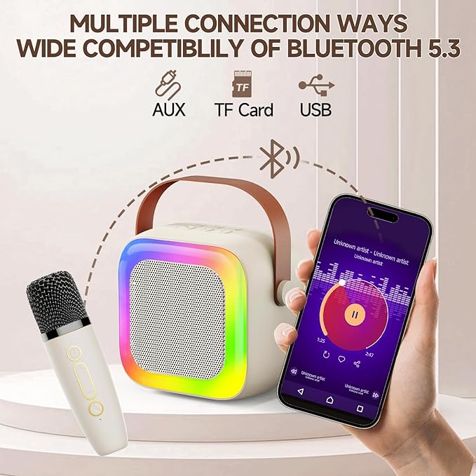 Mini Karaoke Machine for Kids Teen Adults, Kids Karaoke Machine with 2 Wireless Microphones and LED Lights Toys for Party, Home, Gifts for 4 5 6 7 8 9 10 11 12+ Years Girls Boys(Beige)