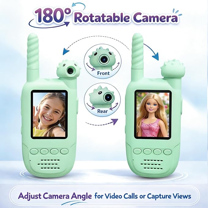 Kids Video Walkie Talkies 2 Pack, 180° Rotating Camera & Live Video Chat, Rechargeable Intercom Toys with 6 Voice Changers, Flashlight & 10 Fun Ringtones, Outdoor Toys for Boys Girls, Green & Purple