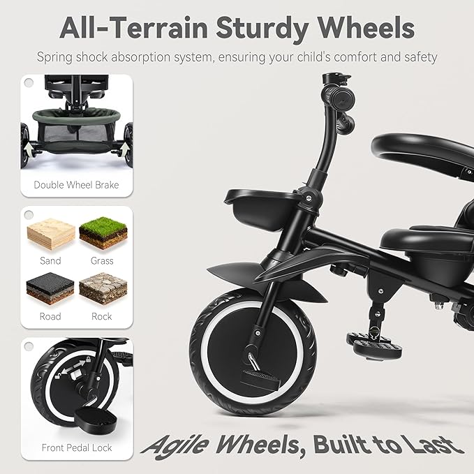 8 in 1 Kids Tricycle, Folding Toddler Tricycle w/Reversible Seat, Adjustable Push Rod & Canopy, Baby Trike Toddler Bike w/Bell, 5-Point Harness, Extra Storage, Cup Holder, Dark Green