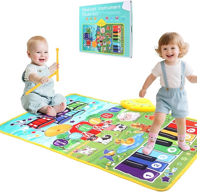 3-in-1 Musical Mats,Kids Floor Piano Drum Animal Music PlayMat,Montessori Sensory Early Educational Learning Toys for Baby,Girls Boys Infant Music,Birthday Christmax Toddlers Gifts 1 2 3 4 5 Years Old