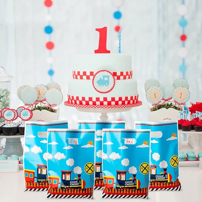 3sscha 50Pcs Train Party Favor Bags Transportation Themed Waterproof Goodie Bag with Die Cut Handles Railway Traffic Glossy Plastic Candy Gift Pack for Kids Birthday Baby Shower Decoration Supplies