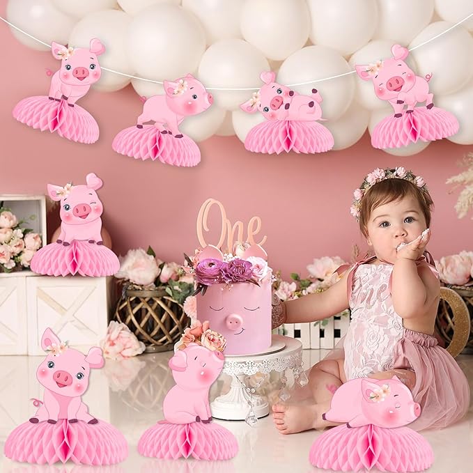 JOYMEMO 8 Pieces Pig Honeycomb Centerpieces for Tables - Pink Piggy Theme Birthday Decorations Girls, Pig Farm Animal Table Table Toppers for Barnyard Farmhouse Birthday Baby Shower Party Supplies