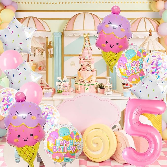 Pink Ice Cream Balloons, 5 Balloon Number, 5th Birthday Decorations Girl, Ice Cream Balloon for Girls Birthday Party Decoration (5)