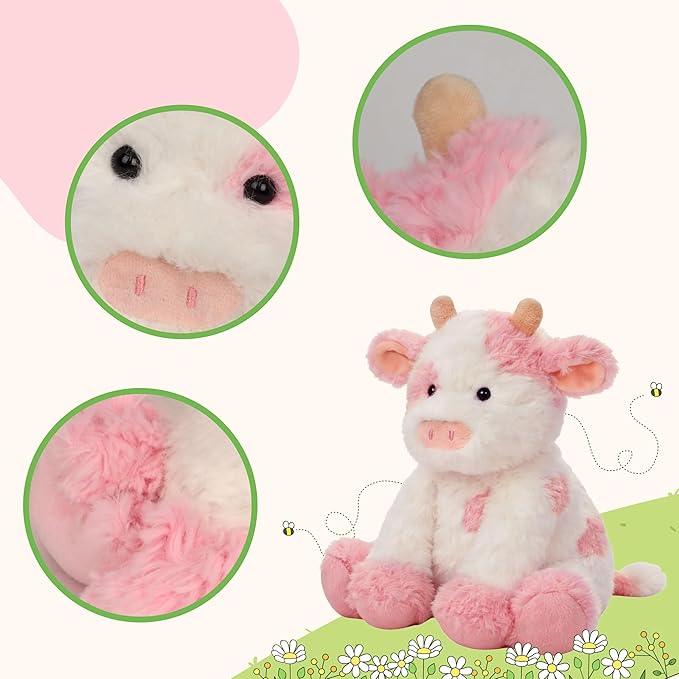 Hopearl Adorable Plush Cow Toy Floppy Dairy Cattle Soft Stuffed Animal Cute Birthday Gifts for Boys Girls Kids Toddlers, Pink, 9''