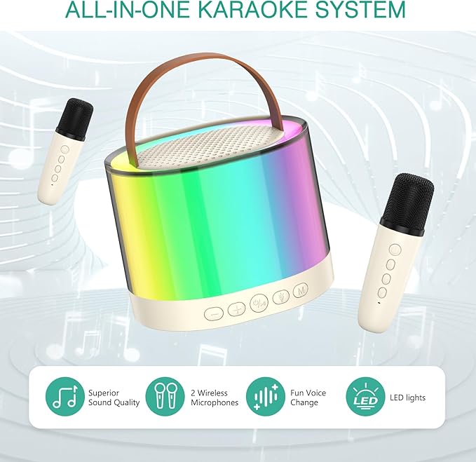 ORIA Mini Karaoke Machine, Bluetooth Karaoke Speaker with 2 Wireless Microphones, Wireless Karaoke Singing Machine with 5 Voice Changer, LED Colorful Lights, for Adults Kids Home Party