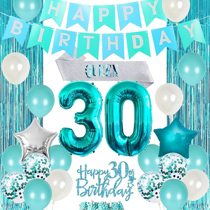 30th Birthday Decorations for Women Girls Teal - Queen Sash Happy Birthday Banner Cake Topper Number 30 Foil Balloon Foil Curtain for Turquoise Thirtieth Birthday Decorations Party Supplies for Her