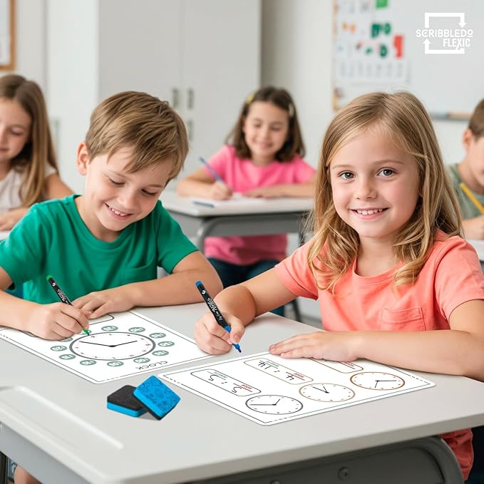 Scribbledo 10 Pack Telling Time Teaching Sheets - 9'x12' Dry Erase Learning Clocks for Kids Homeschooling Supplies