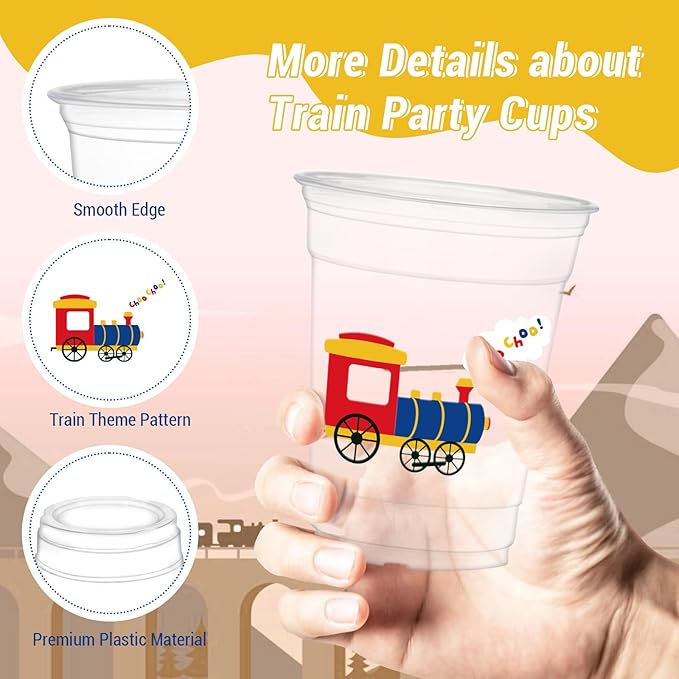 50Pcs Train Theme Party Cups, 12oz Train Plastic Cups for Birthday Party Supplies Table Decorations Favors