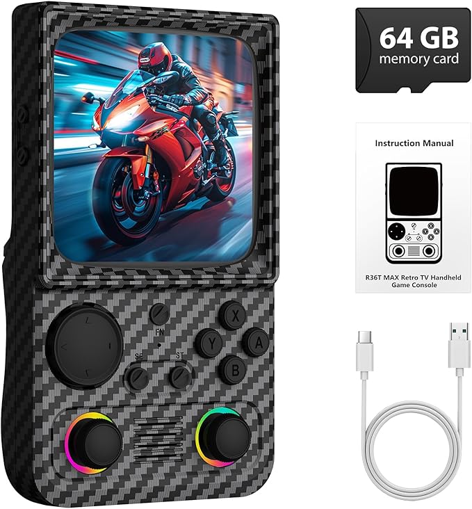 R36TMAX Retro Handheld Game Console, 4 Inch IPS HD Screen Retro Gaming Console,Supports WiFi Networked Fighting and OTG,Compatible with a Large Variety of Classic Games,Built-in 64G,Charcoal Black