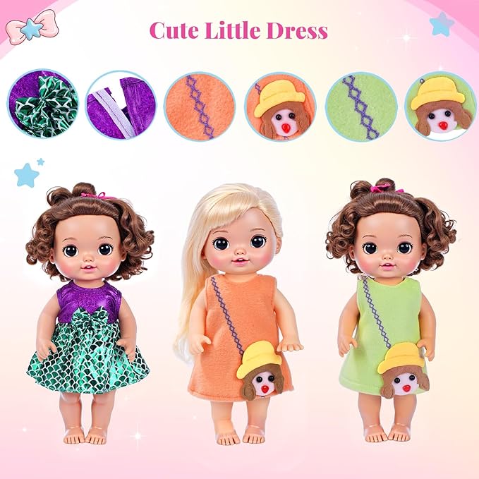 BABESIDE 10 Sets Alive Baby Doll Clothes & Accessories for 8/10/11 Inch Baby Dolls, Includes Cute Jumpsuit & Skirts, 3+ Year Old Girls Gifts, Pretend Play