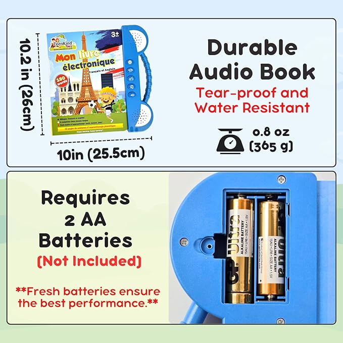 ZeenKind French English Talking Learning Book for Kids 2 3 4 5 6 Years Old, Learn French Interactive Audio Sound Books for Toddlers, Francais Educational Electronic Toys, Bilingual Musical Toy