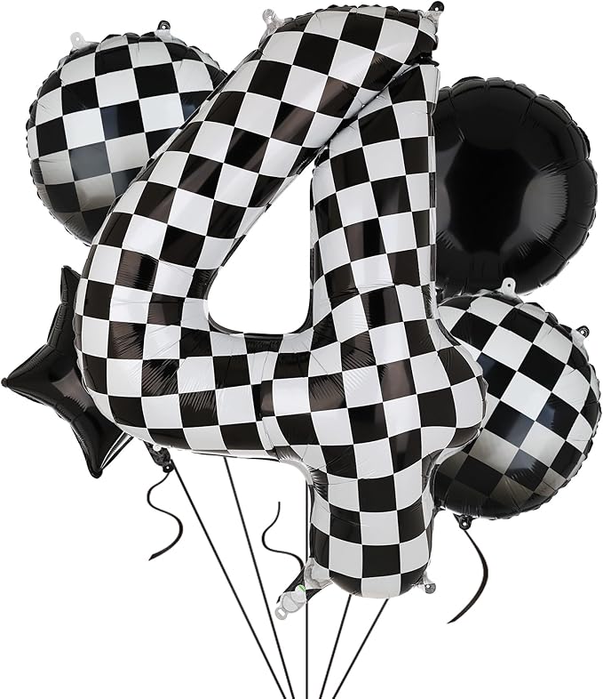 40 Inch Checkered Number Balloon 4 Black and White Race Car Birthday Balloons Baby Hippie Smile Party Shower Boys 4th Birthday Race Car Theme Party Decor Supplies 5 Pcs