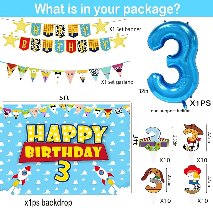 Cartoon Story 3rd Birthday Party Supplies Blue Clouds Backdrop Balloons Tablecloth Cupcake Toppers Banner Cartoon Story Birthday Decorations for Boys 3rd Bday