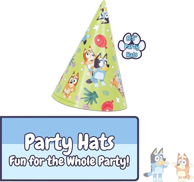 Unique Bluey Party Hats and Blowouts 8 Hats & 8 Party Blowouts with Celebrate With Me Sticker | Bluey Birthday Party Supplies for Kids