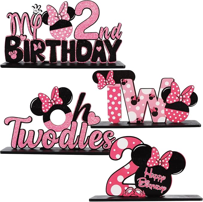 TONIFUL Pink Mouse 2nd Birthday Party Supplies 2nd Table Centerpieces Pink Mouse Theme Design Sturdy Wooden for Girl TWO Years Old Birthday Favors 2nd Birthday Party Decorations(4 Pcs)