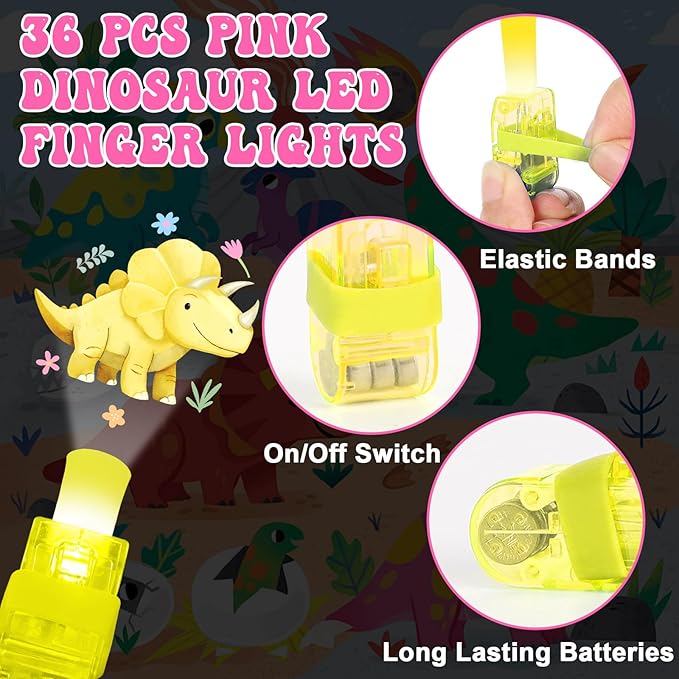 36Pcs Pink Dinosaur LED Finger Lights Pink Dinosaurs Glow in the Dark Light Up Finger Lights Watercolor Dino Party Favors Dino Toys Bulk for Girls Birthday Goodie Bag Stuffer Gifts Classroom Prize