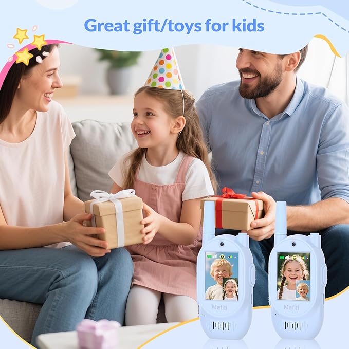 Mafiti Video Walkie Talkies for Kids 2 Pack Rechargeable 1000 Feets Range Toys for 3 4 5 6 7 8 Year Old Boys Girls Birthday Gifts(Blue+Blue)