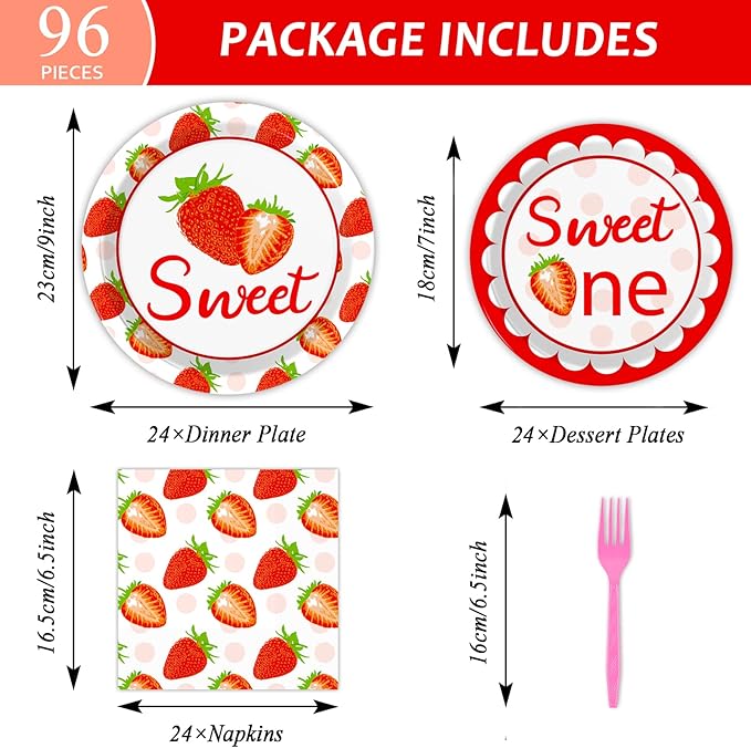 gisgfim 96 Pcs Strawberry Party Supplies - Paper Plates, Napkins, 1st Birthday Tableware Set - Summer Sweet Berry Decorations for Kids - Serves 24