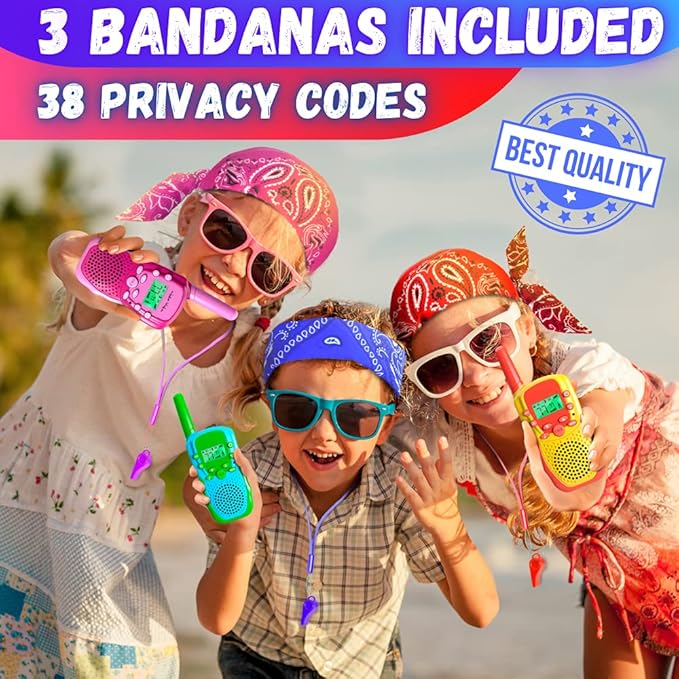 Waka Waka Walkie Talkies for Kids (3 Pack, Yellow, Red, Green) — Long Range Two-Way Walkie Talkie Set with Bandanas and Whistles Included — Great for Indoor or Outdoor Play — Gift for Boys and Girls