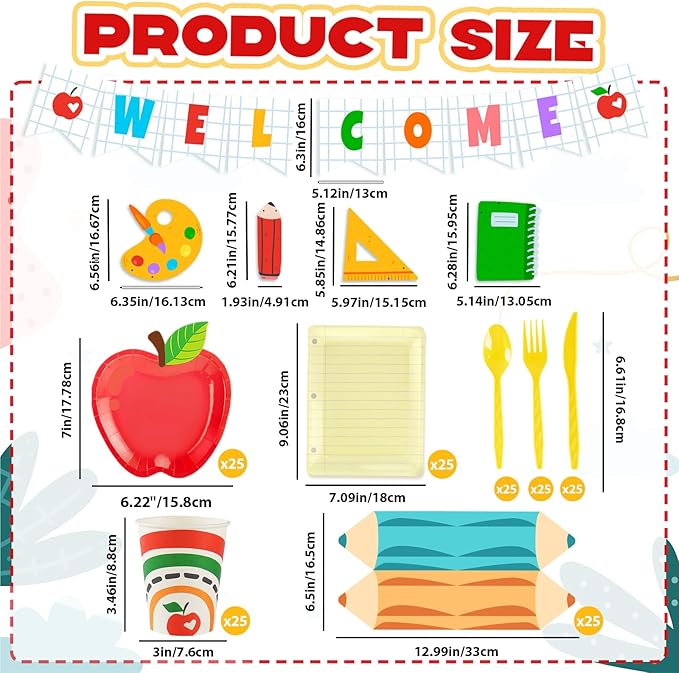 OuMuaMua 177Pcs Back to School Party Plates Napkins Cups with Welcome Banners Supplies First Day of School Disposable Tableware Set for Preschool Kindergarten Graduation Party Table Decor, Serves 25