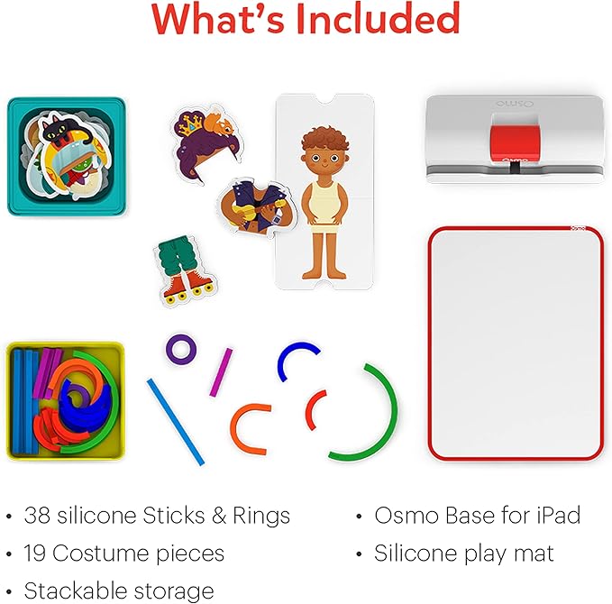 Osmo - Little Genius Starter Kit for iPad - 4 Hands-On Learning Games - Ages 3-5 - Problem Solving, Phonics & Creativity (Osmo iPad Base Included), Multicolor