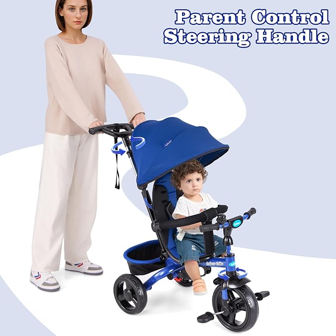 INFANS Kids Tricycle, 6 in 1 Stroll Trike with Adjustable Push Handle, Removable Canopy, Retractable Foot Plate, Lockable Pedal, Detachable Guardrail, Suitable for 10 Months to 5 Years (Blue)