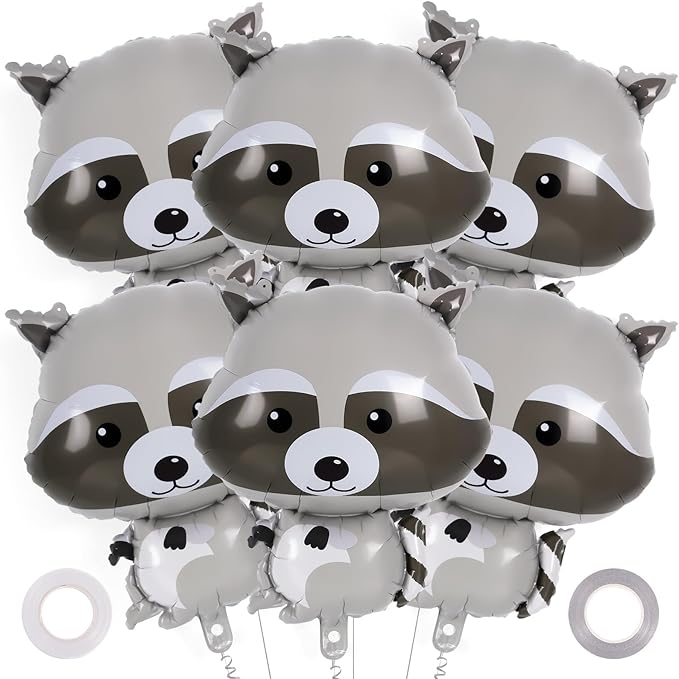 Raccoon Balloons - 6 Pcs Cute Foil Balloons for Woodland Animal Themed Party, Camping, Birthday, Baby Shower