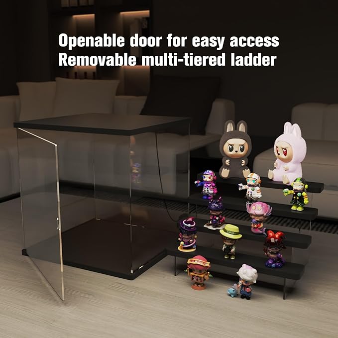 Nynelly Acrylic Lighted Display Case for Collectibles, 5 Tier Figure Display Box with Door and Steps, Assemble Dustproof LED Showcase Storage Box for Mini Figures, Funko Pop, Toys, Black
