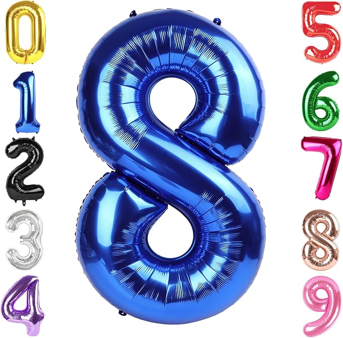 40 Inch Metallic Blue Number 8 Balloon, Giant 8 Number Balloons for 8th Birthday Decorations, Party Supplies for Baby Boy Girl, Metallic Blue Party Decor