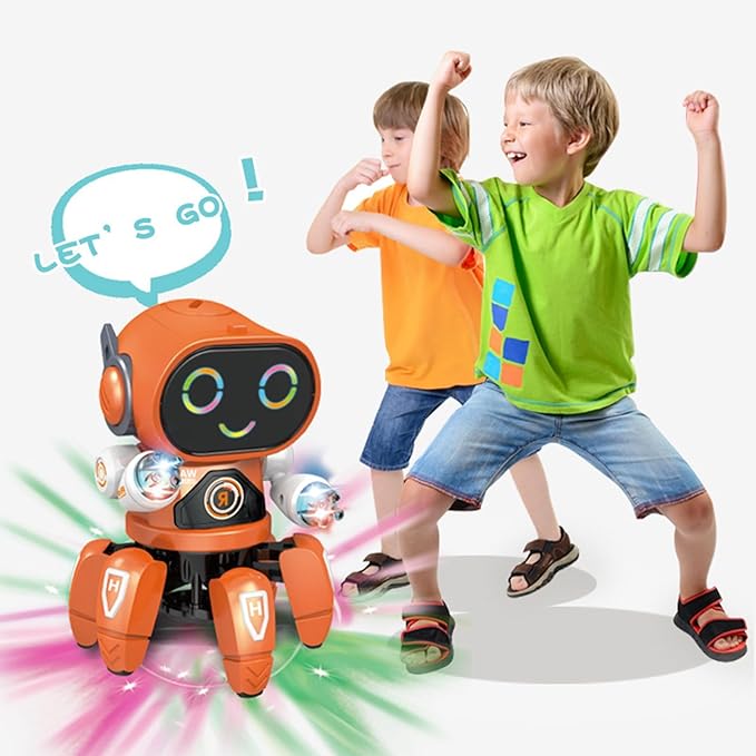 Light Six Claw Robot Toy, Flexible Moving Dance Music Shake Robot Toy with Clear Sound Quality (Orange)