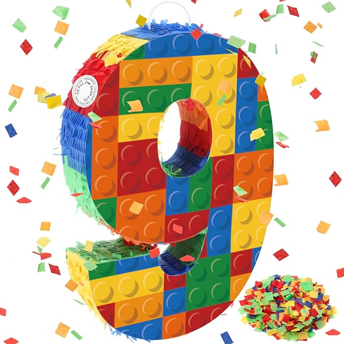 Number 9 Building Blocks Piñata 16.5 Inch 5th Birthday Party Supplies Party Decorations Piñata with Confetti Blocks Theme Fiesta Anniversary Celebration