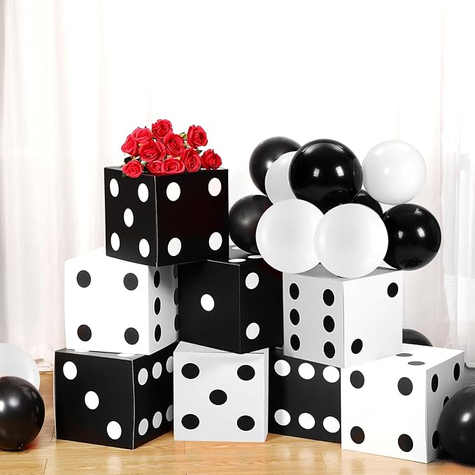 68 Pcs Casino Party Boxes Balloon Poker Cards Decoration-16 Pcs 11 in Casino Dice Favor Boxes 16 Jumbo Playing Cards 36 Balloons for Game Night Birthday Grad Prom Party Supplies(Black White)