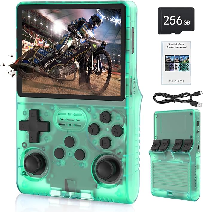 FHYRGF[30000 in 1] R40S PRO Handheld Game Console 3.5 inch IPS Screen Mini Retro Console 3800mAh Portable Pocket Arcade 45+ Mainstream Emulator 256G TF Card Transparent.(Green)