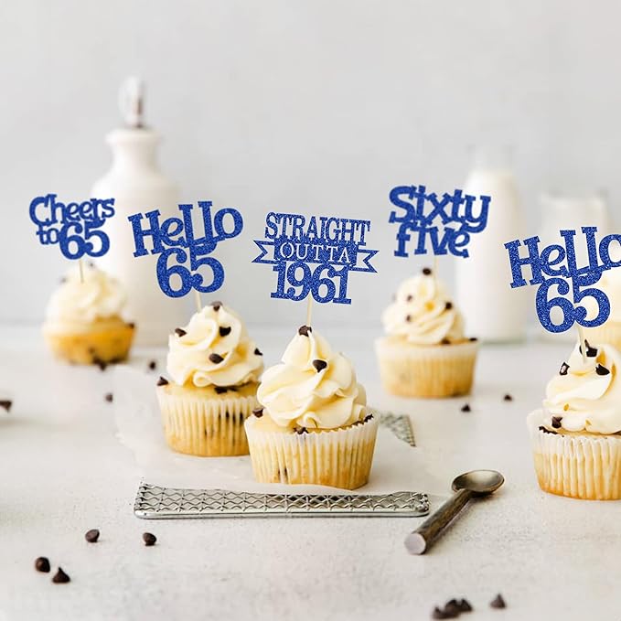 Ephlyn 24Pcs 65th Birthday Cupcake Toppers Glitter Straight Outta 1961 Cupcake Picks Hello 65 Cheers to 65 Years Cake Decorations for 65th Birthday Anniversary Party Decorations Supplies Blue